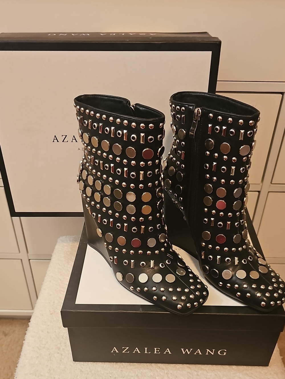 Azalea Wang Black Studded Wedge Like Ankle Boots with Metallic Accents